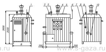Габаритный чертеж газорегуляторных пунктов шкафных  ПГБ-16-2Н(В)У1